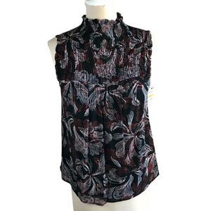 Alfani Sleeveless Ruffled Mock Neck Blouse Abstract Print Black Red White Size S